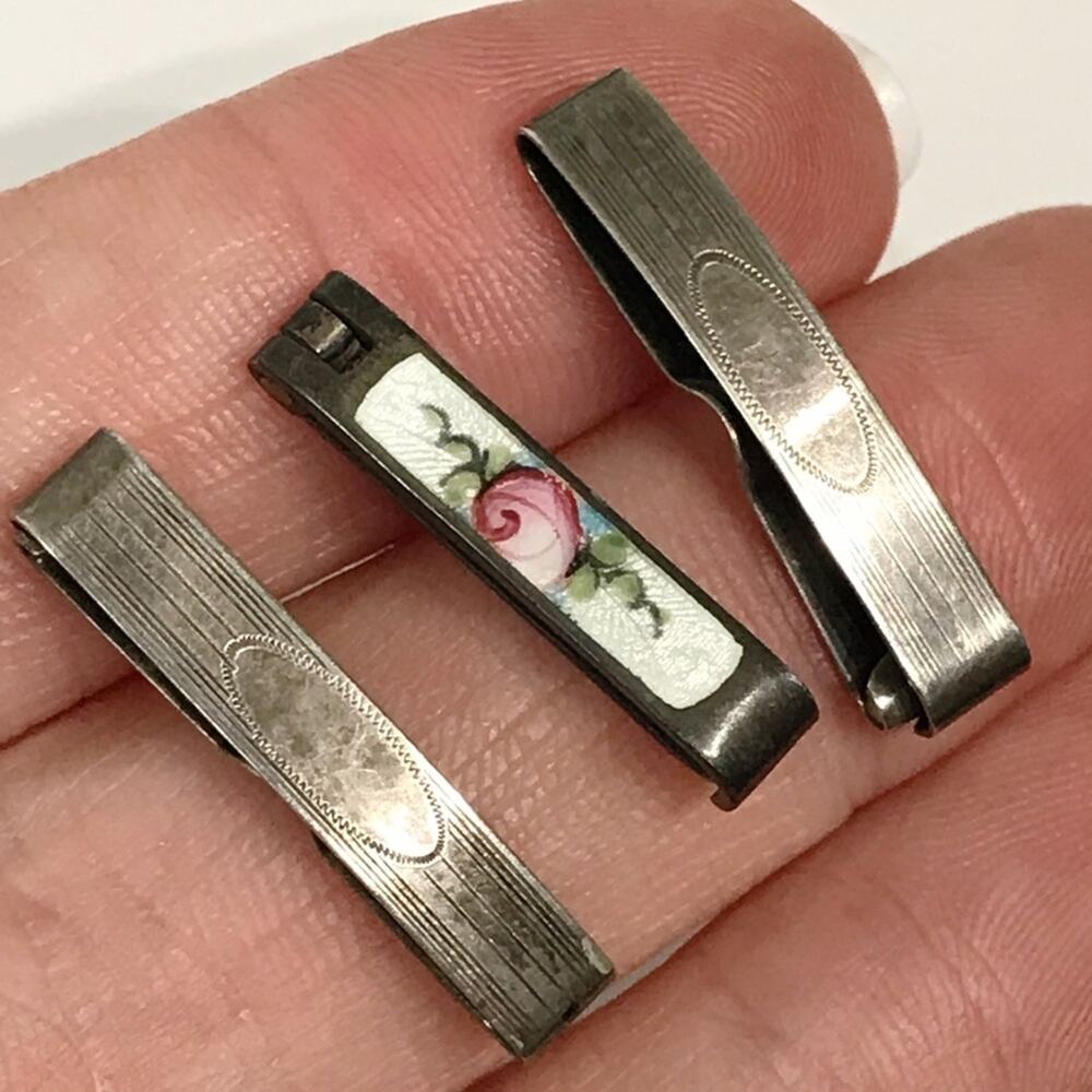 Vintage Guilloche Sterling Silver Enamel Hand Painted Rose Barrette Lot Set of 3